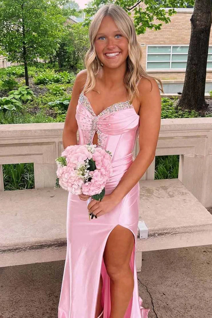 Beaded Spaghetti Straps Mermaid Satin Party Prom Dress