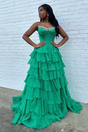 Beaded Strapless A-Line Empire Tiered Prom Party Dress
