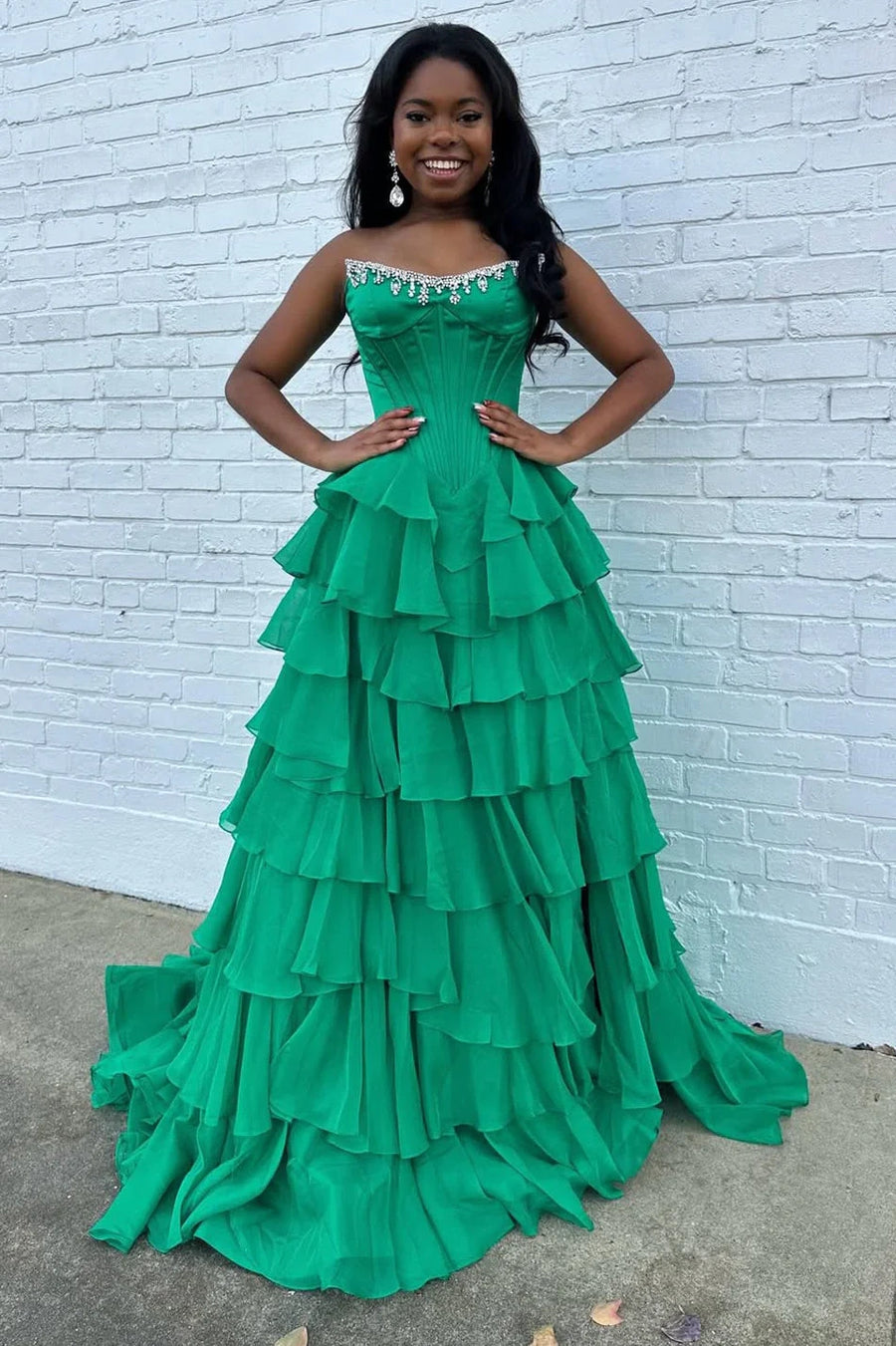 Beaded Strapless A-Line Empire Tiered Prom Party Dress
