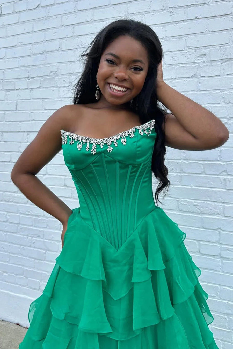 Beaded Strapless A-Line Empire Tiered Prom Party Dress