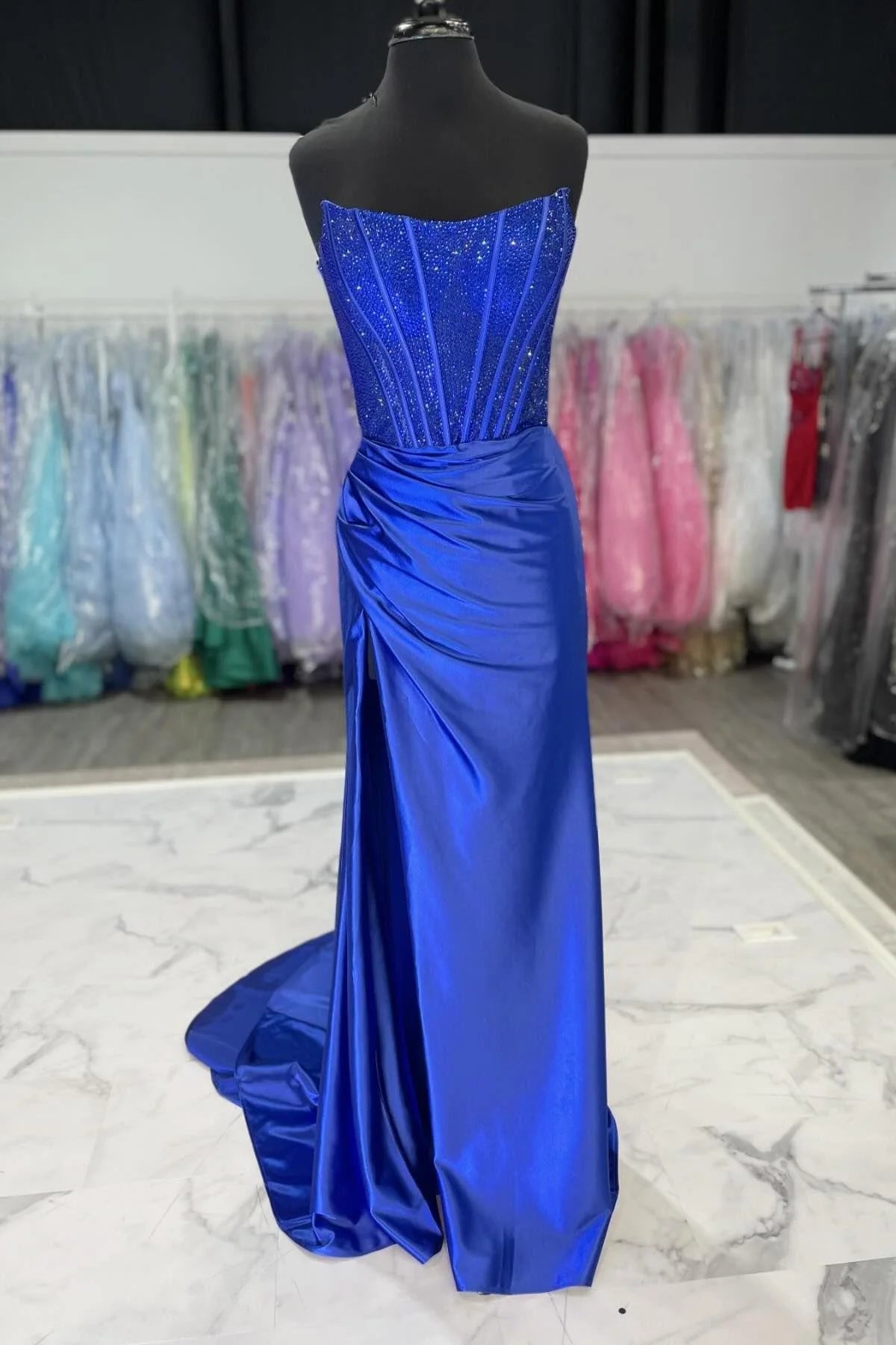 Beaded Strapless Empire Ruched Long Prom Dress With Train