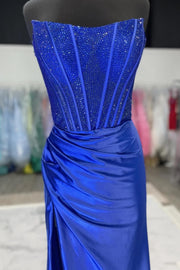 Beaded Strapless Empire Ruched Long Prom Dress With Train