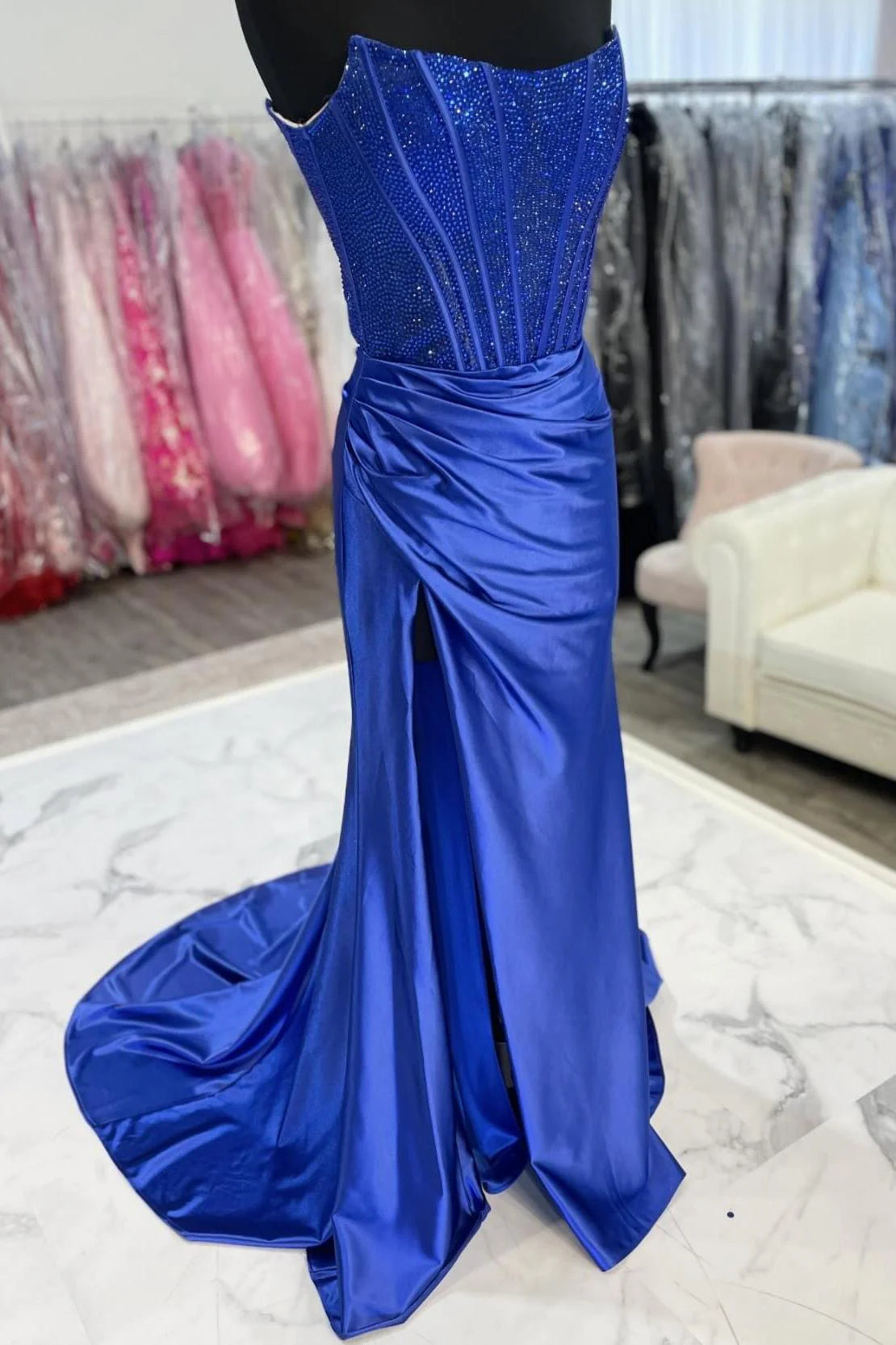 Beaded Strapless Empire Ruched Long Prom Dress With Train