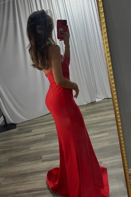 Beaded Strapless Satin Mermaid Long Party Prom Dress