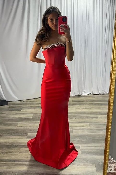 Beaded Strapless Satin Mermaid Long Party Prom Dress