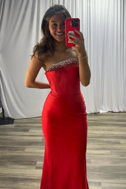 Beaded Strapless Satin Mermaid Long Party Prom Dress