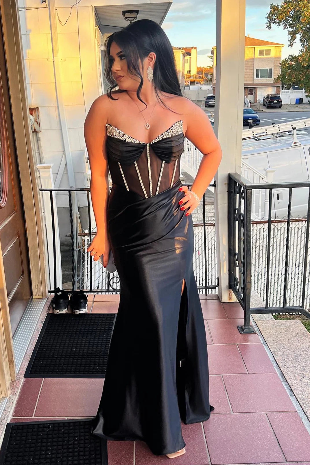 Beaded Strapless Sheer Empire Mermaid Party Prom Dress