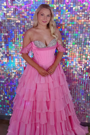 Beaded Sweetheart Off-Shoulder Chiffon A-Line Tiered Prom Dress