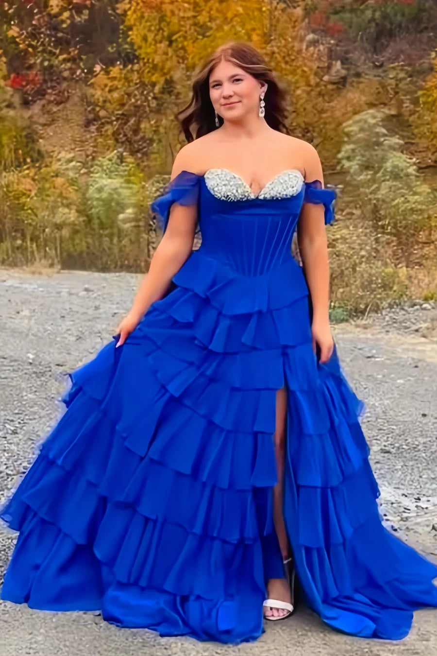 Beaded Sweetheart Off-Shoulder Chiffon A-Line Tiered Prom Dress