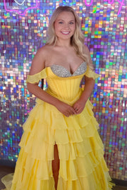 Beaded Sweetheart Off-Shoulder Chiffon A-Line Tiered Prom Dress