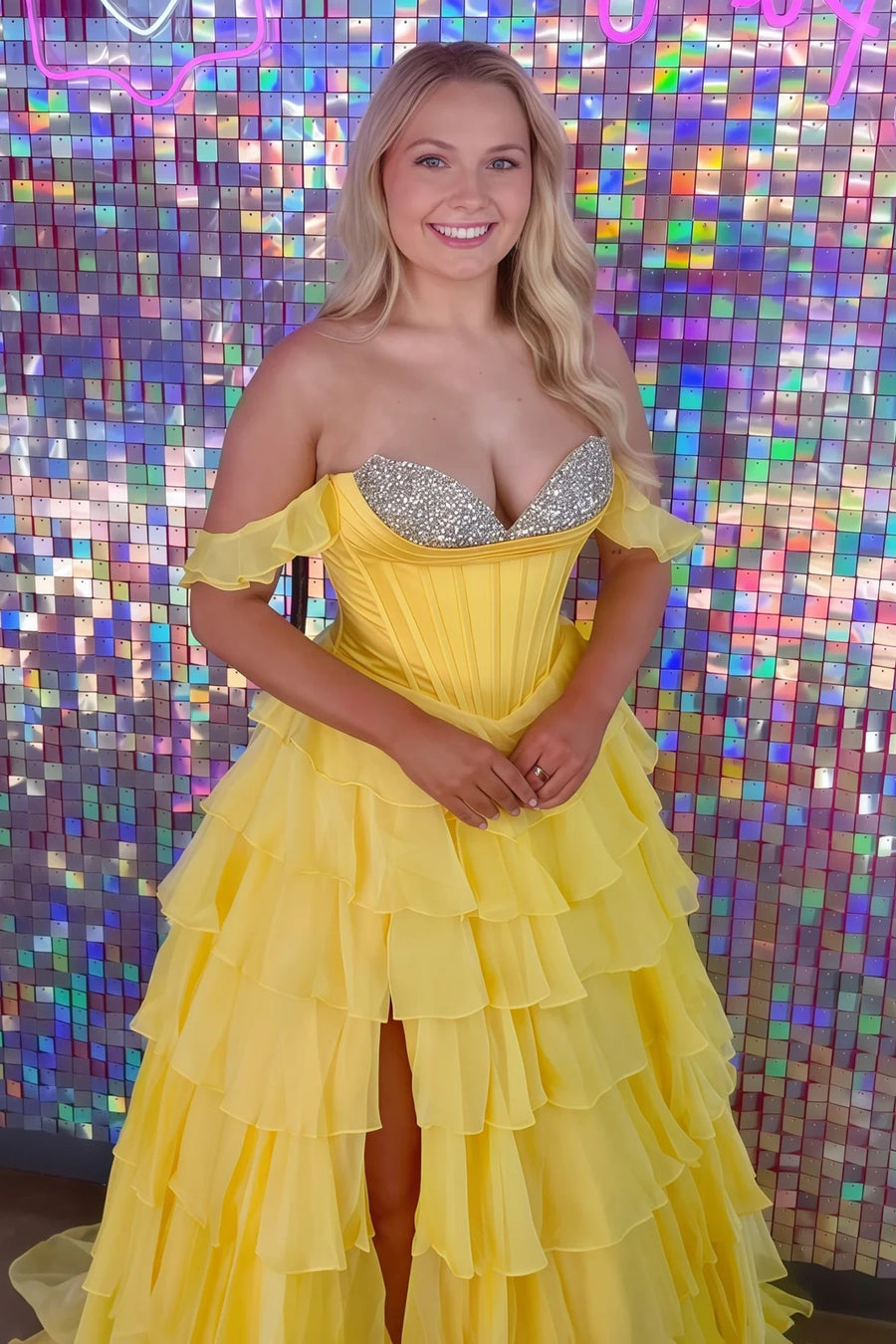 Beaded Sweetheart Off-Shoulder Chiffon A-Line Tiered Prom Dress