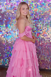 Beaded Sweetheart Off-Shoulder Chiffon A-Line Tiered Prom Dress