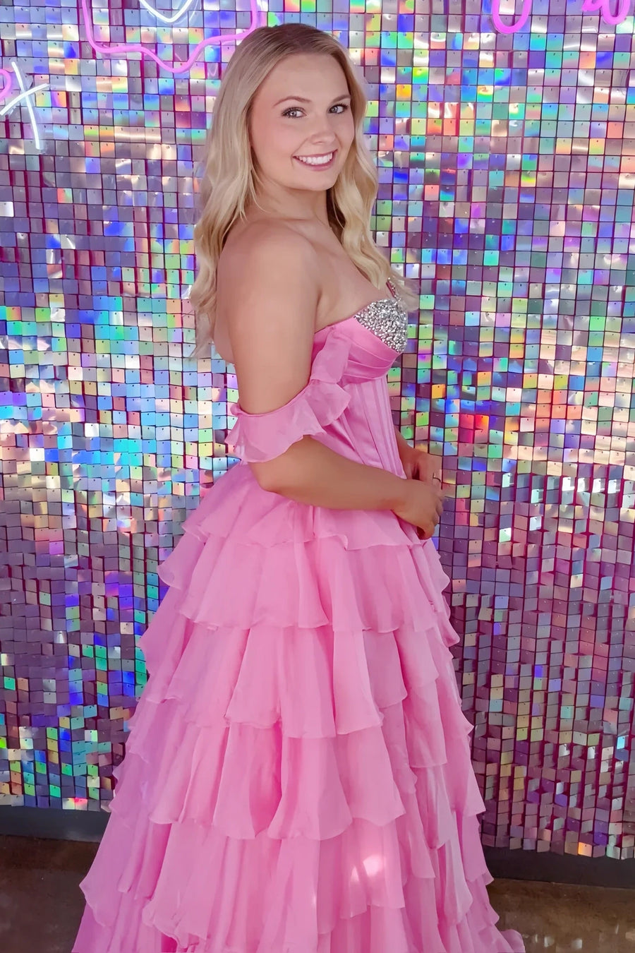 Beaded Sweetheart Off-Shoulder Chiffon A-Line Tiered Prom Dress