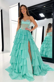 Beaded Sweetheart Strapless Chiffon A-Line Empire Tiered Party Prom Dress