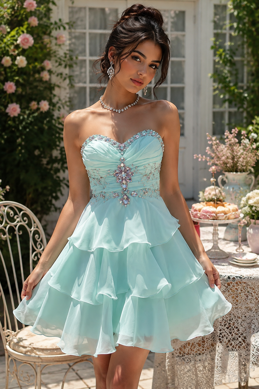 Beaded Sweetheart Strapless Chiffon A-Line Tiered Homecoming Dress