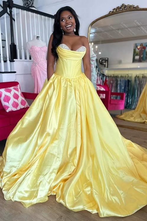 Beaded Sweetheart Strapless Satin A-Line Party Prom Dress