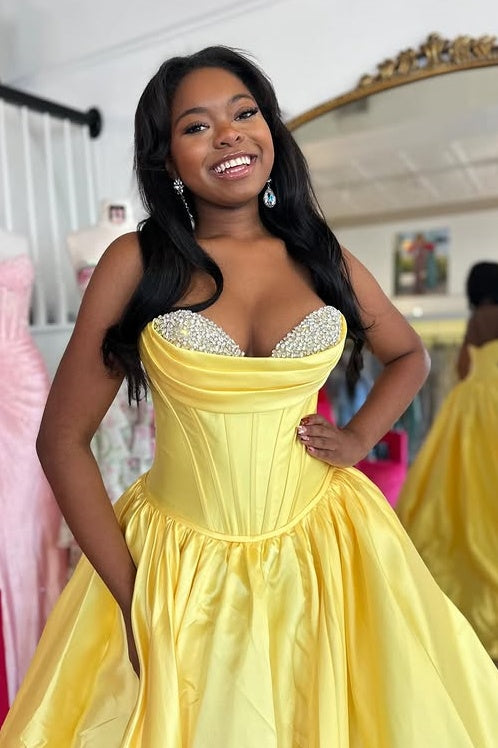 Beaded Sweetheart Strapless Satin A-Line Party Prom Dress