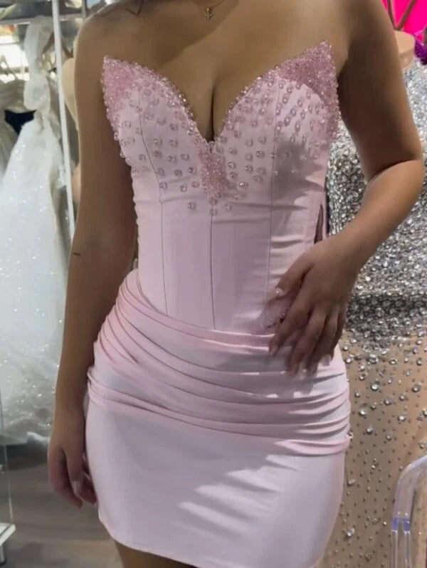 Beaded Top V-Neck Strapless Fitted Satin Short Homecoming Dress