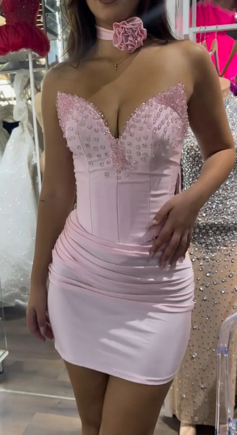 Beaded Top V-Neck Strapless Fitted Satin Short Homecoming Dress