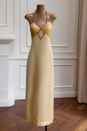 Beaded V-Neck Halter Backless Satin Long Party Prom Dress