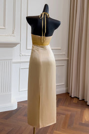 Beaded V-Neck Halter Backless Satin Long Party Prom Dress