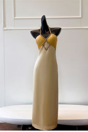 Beaded V-Neck Halter Backless Satin Long Party Prom Dress