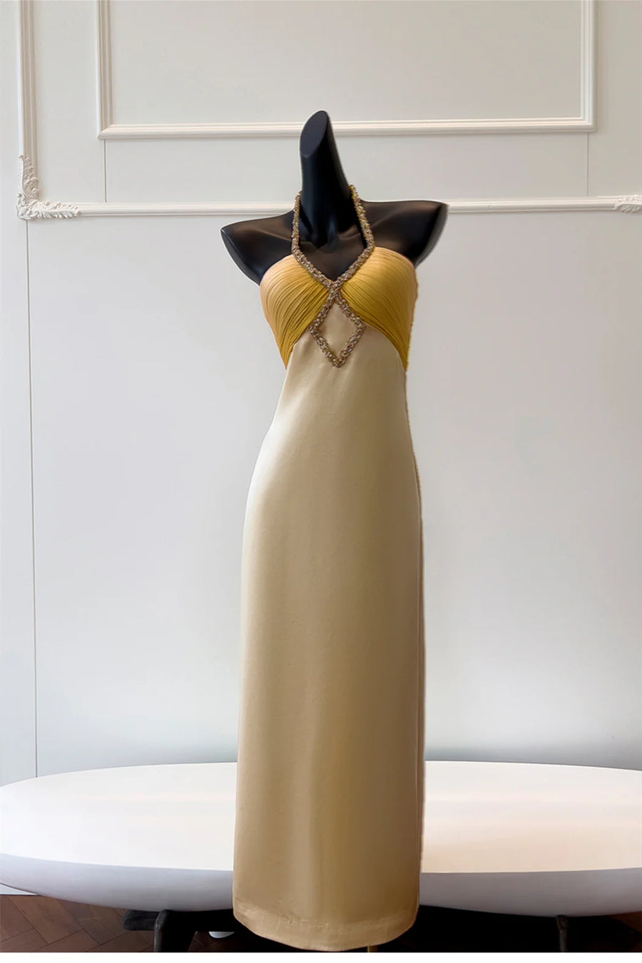 Beaded V-Neck Halter Backless Satin Long Party Prom Dress