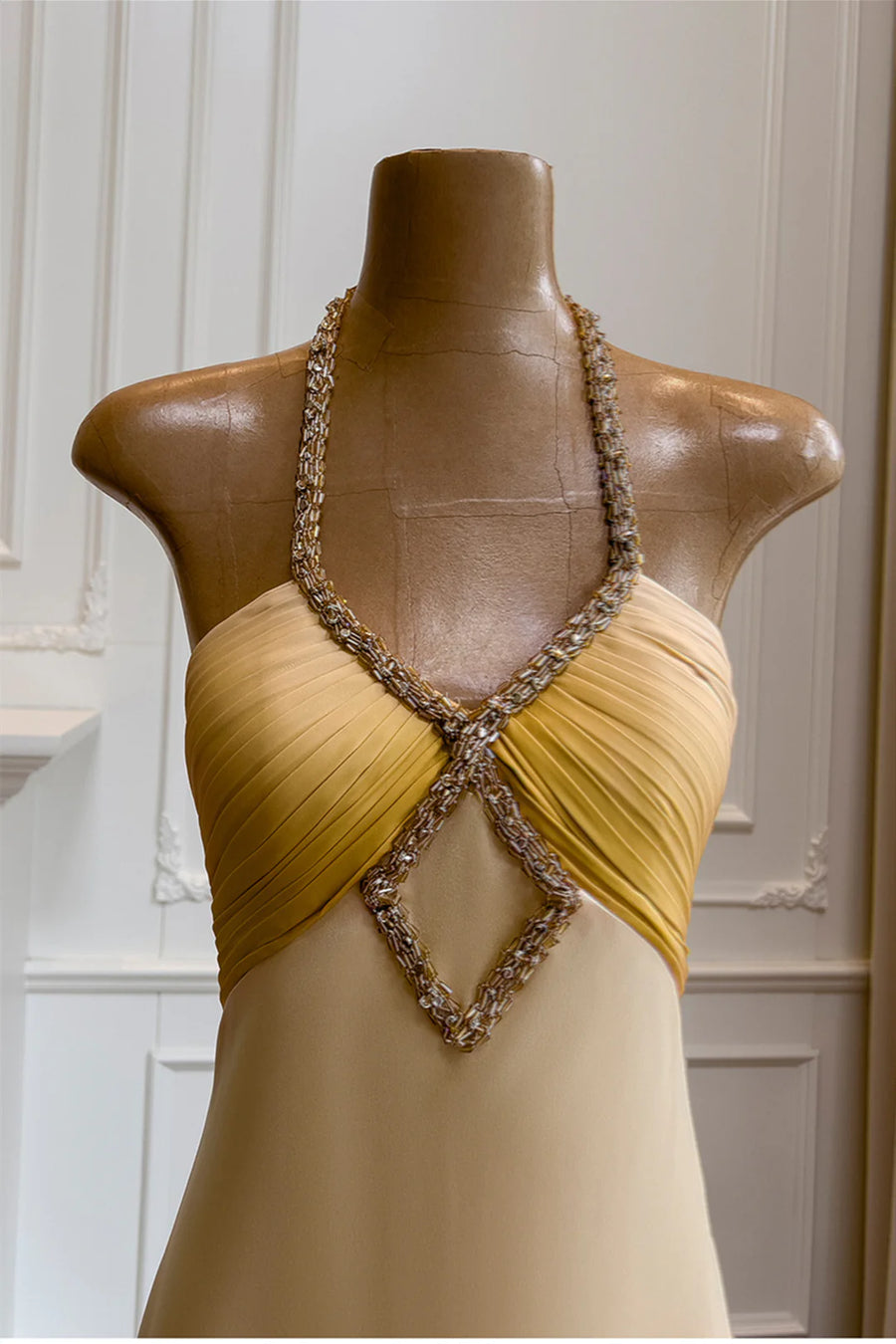 Beaded V-Neck Halter Backless Satin Long Party Prom Dress