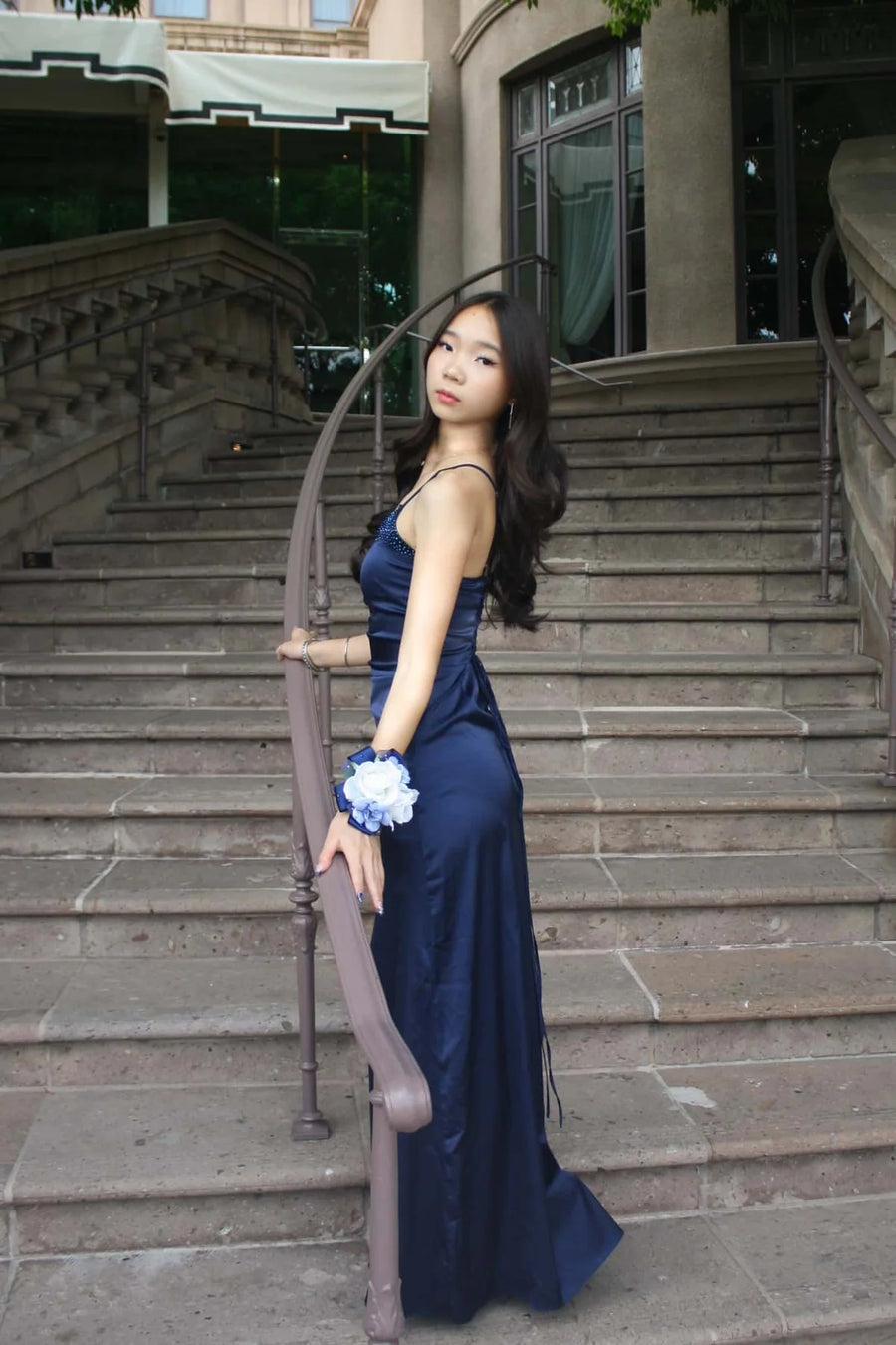 Beaded V-Neck Spaghetti Straps Empire Ruffle Slit Satin Party Prom Dress