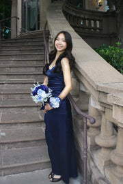 Beaded V-Neck Spaghetti Straps Empire Ruffle Slit Satin Party Prom Dress