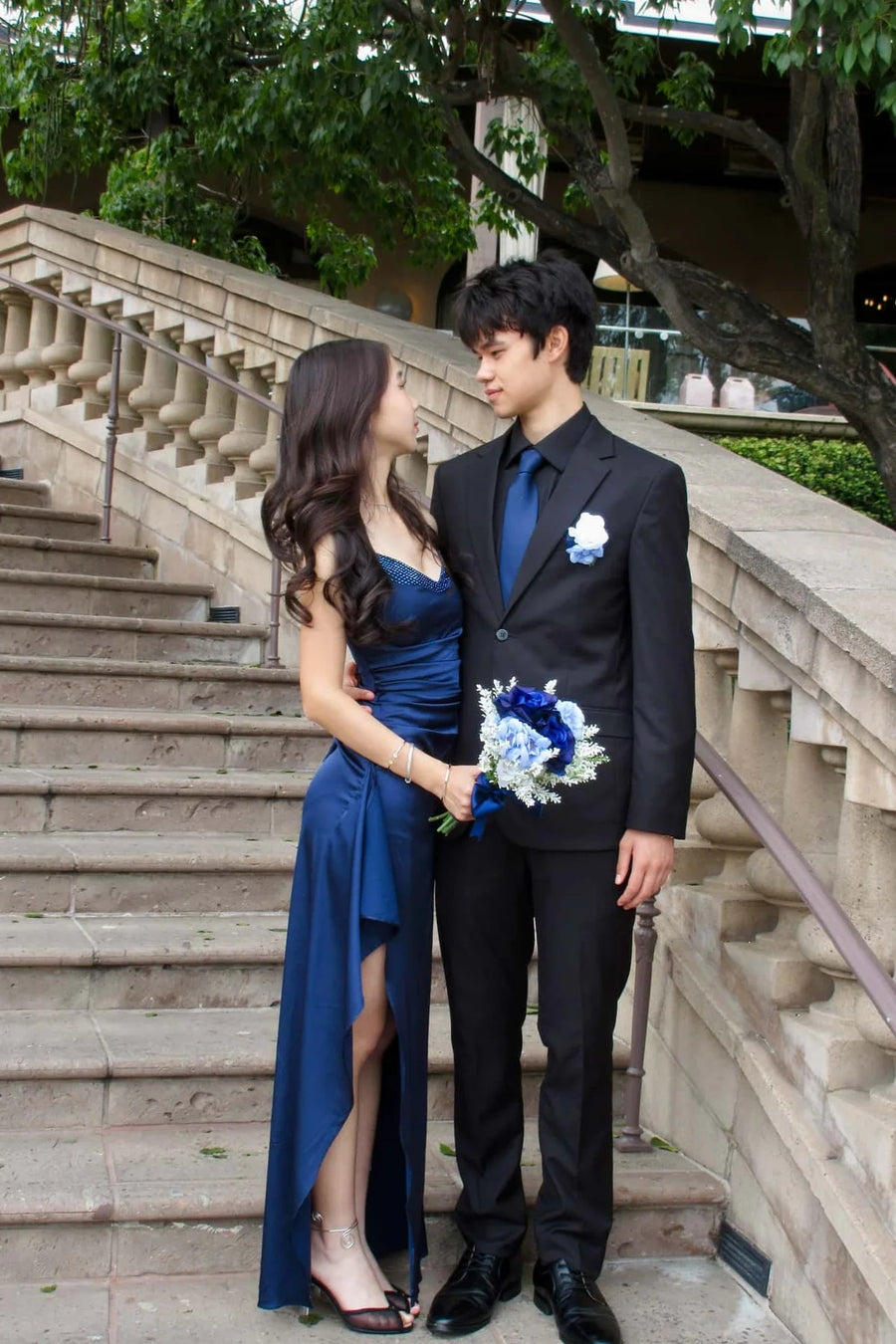 Beaded V-Neck Spaghetti Straps Empire Ruffle Slit Satin Party Prom Dress
