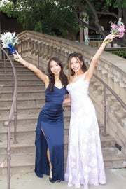 Beaded V-Neck Spaghetti Straps Empire Ruffle Slit Satin Party Prom Dress