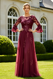 Bell Sleeves Scoop Tulle A-Line Lace Appliques Mother Of The Bride Dress