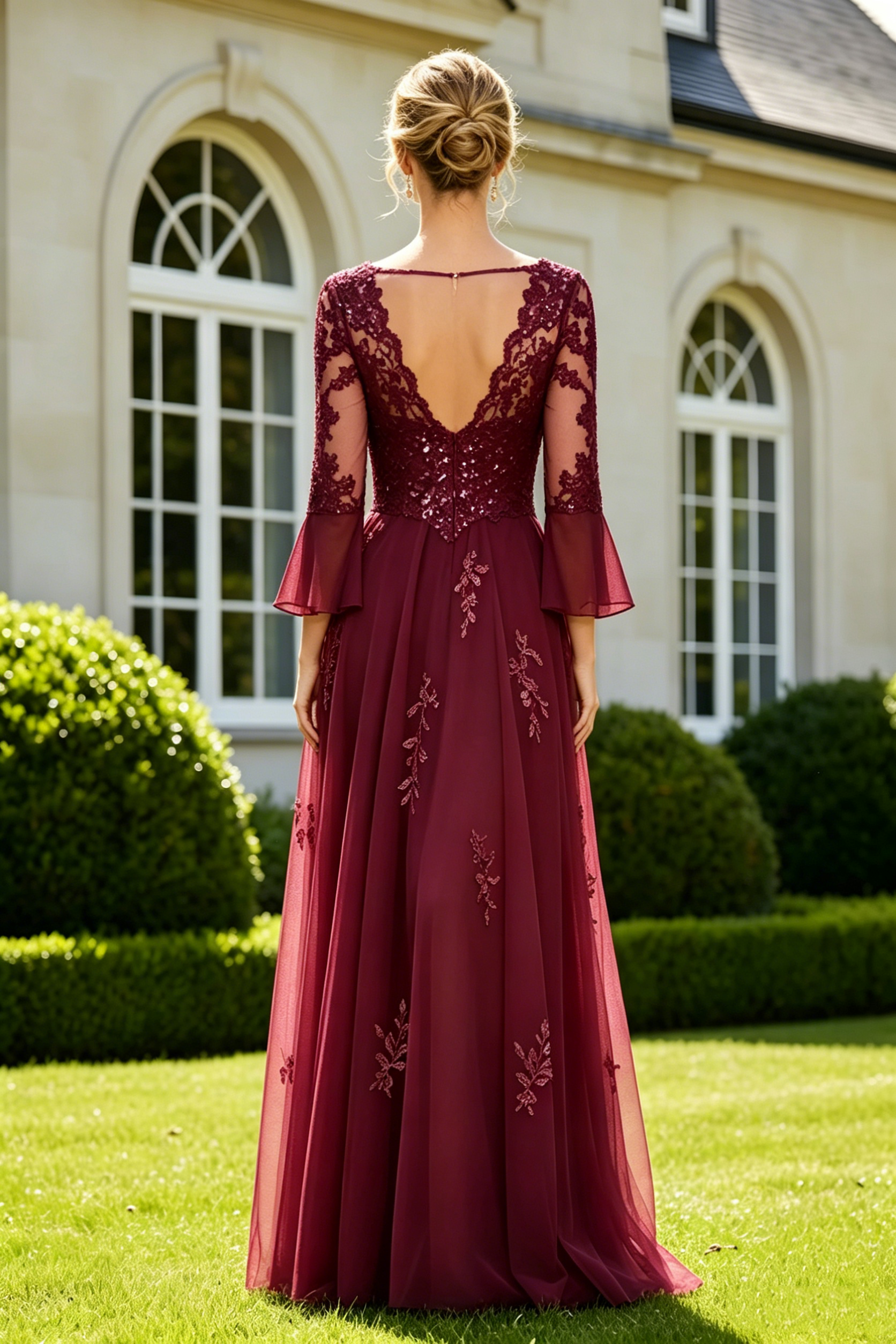 Bell Sleeves Scoop Tulle A-Line Lace Appliques Mother Of The Bride Dress