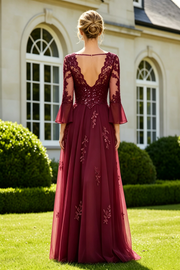 Bell Sleeves Scoop Tulle A-Line Lace Appliques Mother Of The Bride Dress
