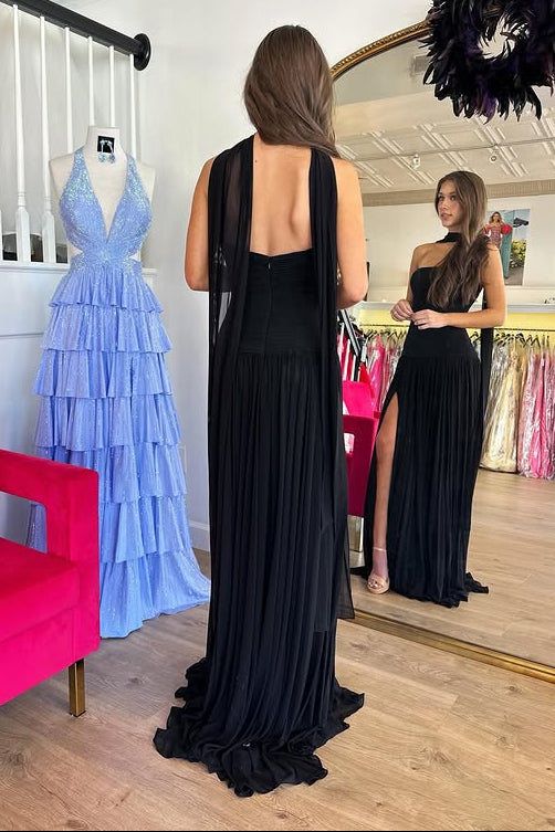 Black A-Line Strapless Chiffon Party Prom Dress With Leg Slit