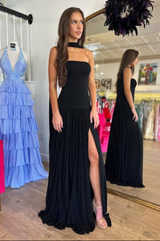 Black A-Line Strapless Chiffon Party Prom Dress With Leg Slit