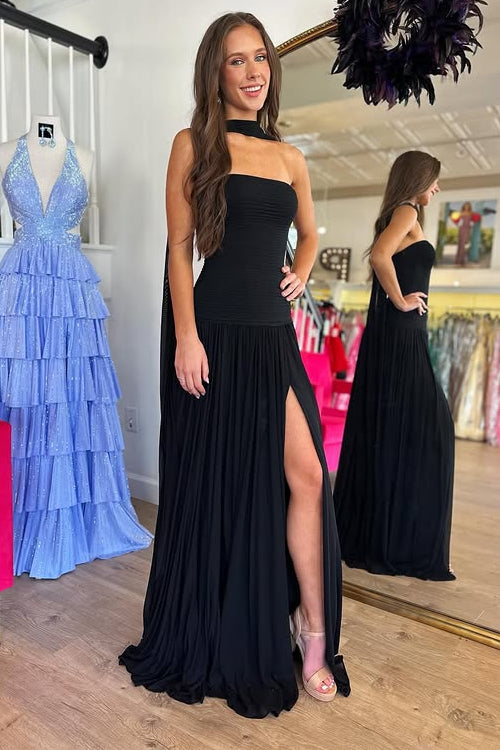 Black A-Line Strapless Chiffon Party Prom Dress With Leg Slit