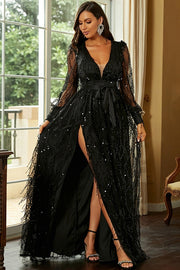Black A-Line V-Neck Long Sleeves Party Prom Dress With Leg Slit