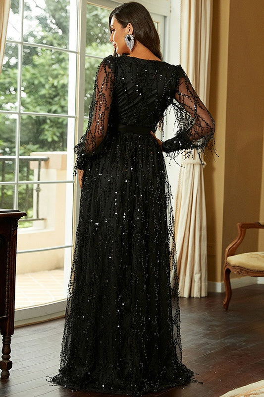 Black A-Line V-Neck Long Sleeves Party Prom Dress With Leg Slit