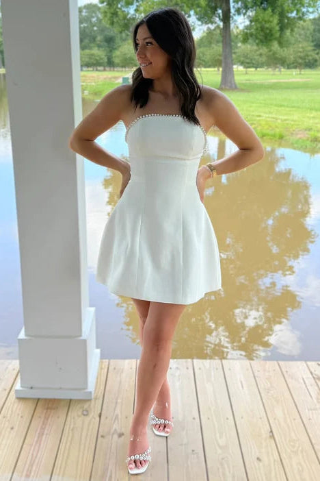 Pearl Straplss A-Line Empire Satin Short Graduation Dress