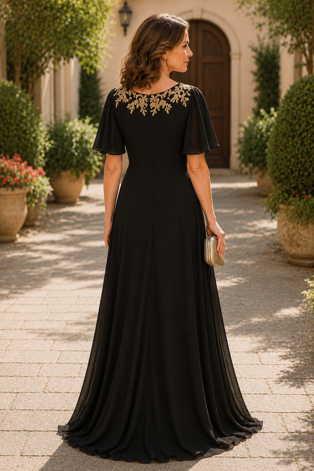 Black Chiffon A-Line V-Neck Bell Sleeves Mother Of The Bride Dress