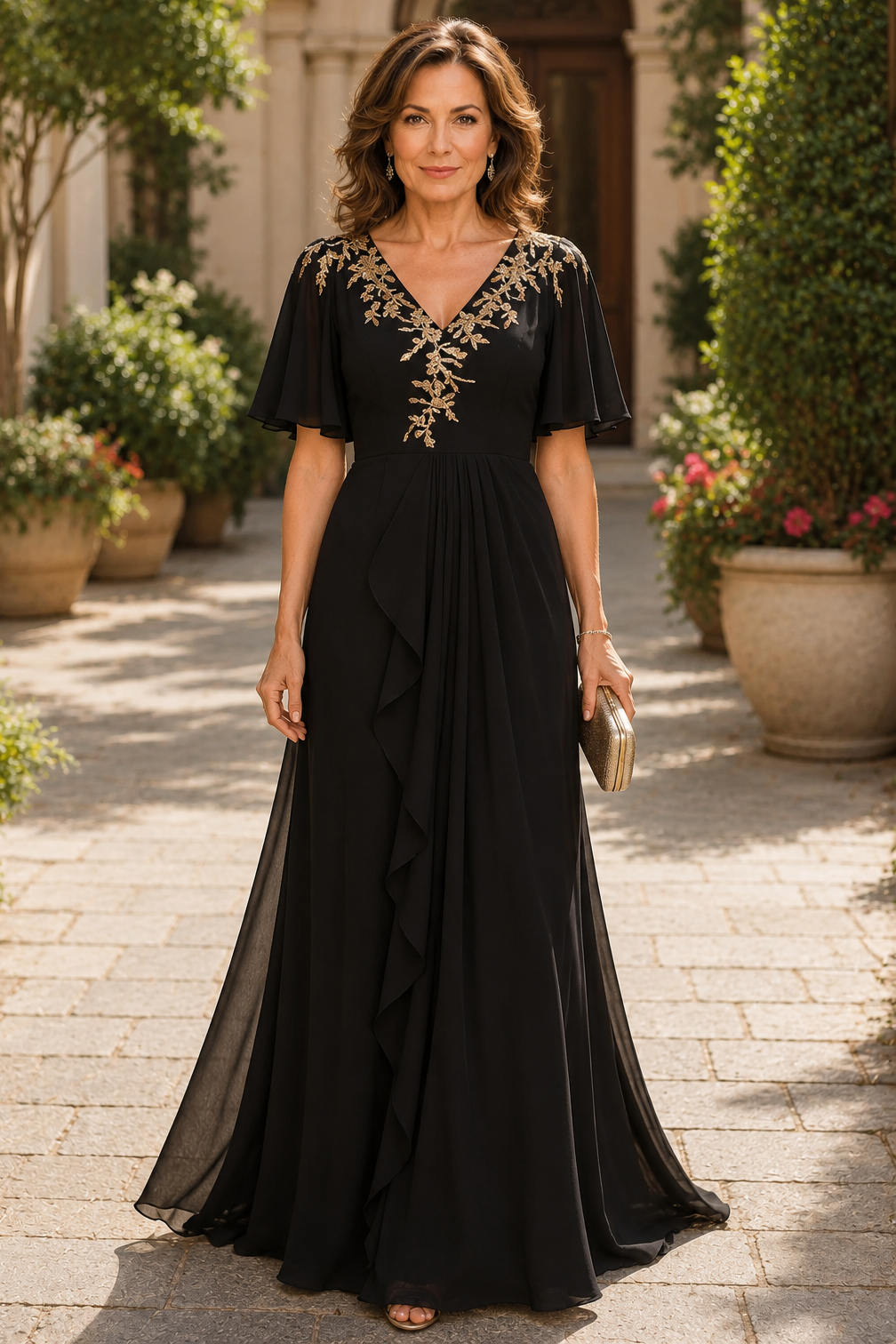 Black Chiffon A-Line V-Neck Bell Sleeves Mother Of The Bride Dress