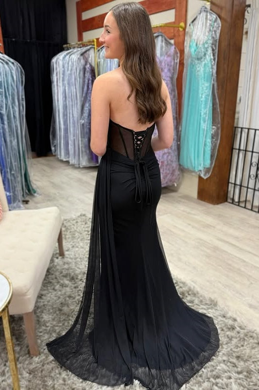 Black Chiffon Strapless Empire Party Prom Dress With Slit