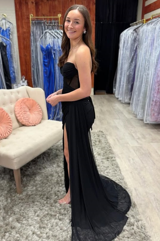 Black Chiffon Strapless Empire Party Prom Dress With Slit