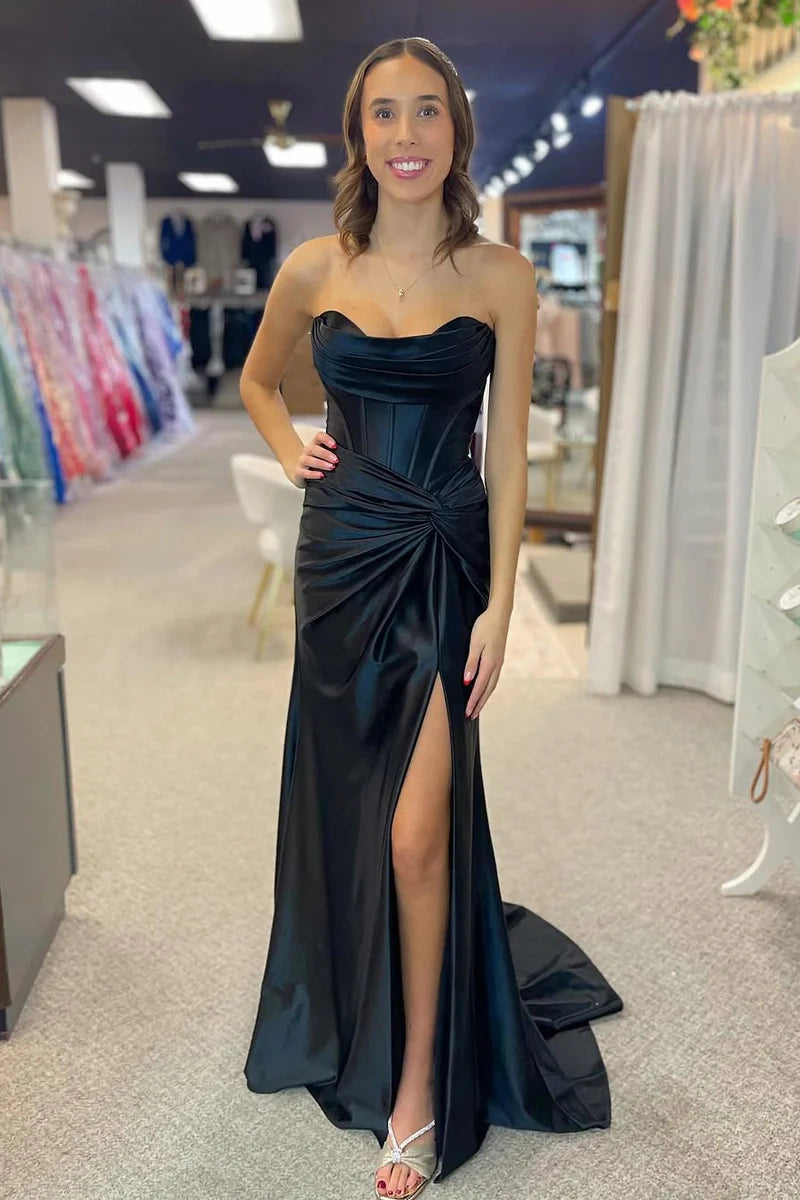 Black Empire Ruched Strapless Long Party Prom Dress