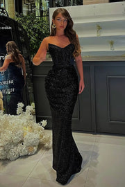 Black Fully Sequin V-Neck Strapless Mermaid Party Prom Dress