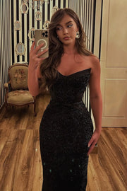 Black Fully Sequin V-Neck Strapless Mermaid Party Prom Dress