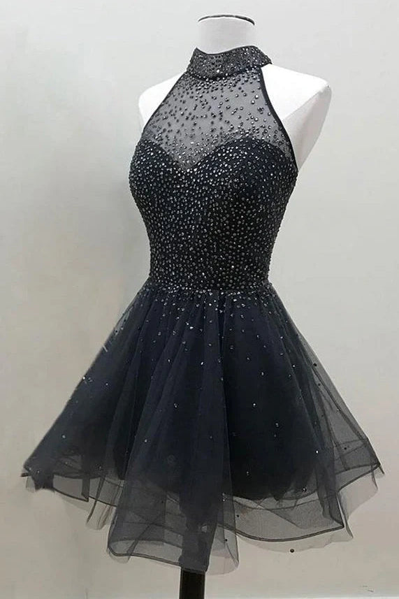Black High Neck Sleeveless Tulle A-Line Empire Short Party Homecoming Dress