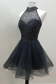 Black High Neck Sleeveless Tulle A-Line Empire Short Party Homecoming Dress